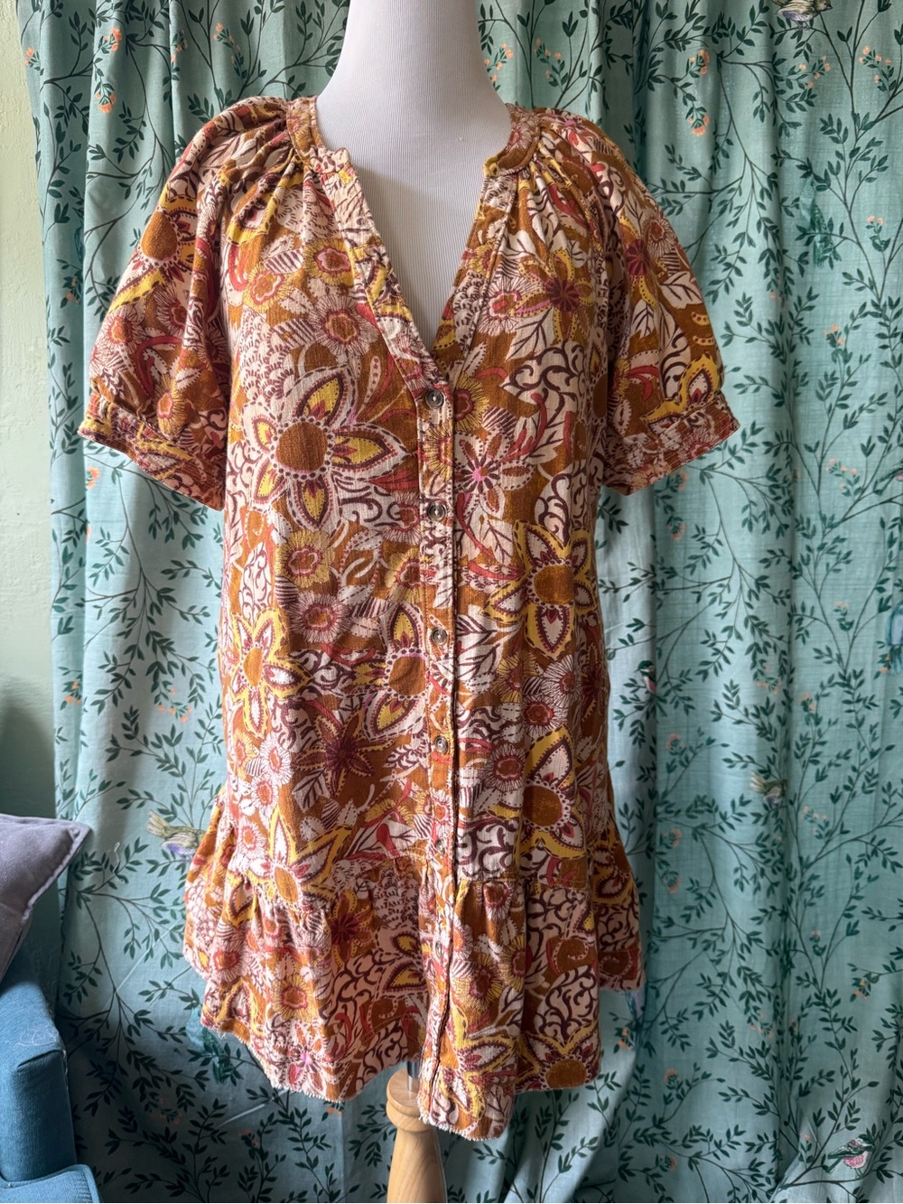 Anthropologie Floral Tiered V-Neck Mini Dress in Rust and Yellow - Picture 3 of 9